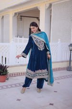 Thumbnail for Jyoti Fashion Rama Velvet Embroidered Designer Kurta Set with Batwa - Distacart