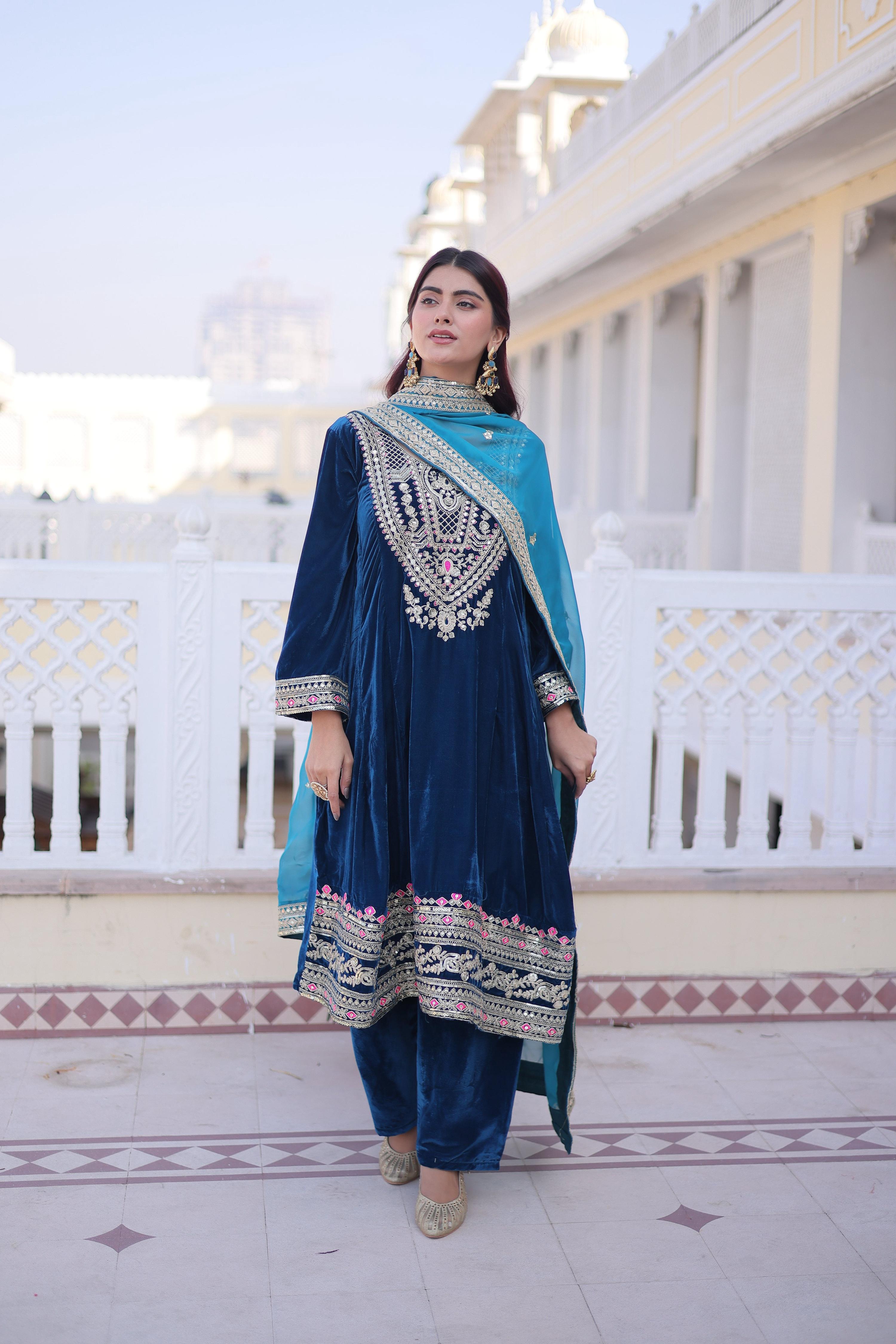 Jyoti Fashion Rama Velvet Embroidered Designer Kurta Set with Batwa - Distacart