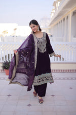 Thumbnail for Jyoti Fashion Wine Velvet Embroidered Designer Kurta Set with Batwa - Distacart