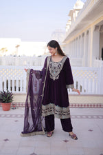 Thumbnail for Jyoti Fashion Wine Velvet Embroidered Designer Kurta Set with Batwa - Distacart