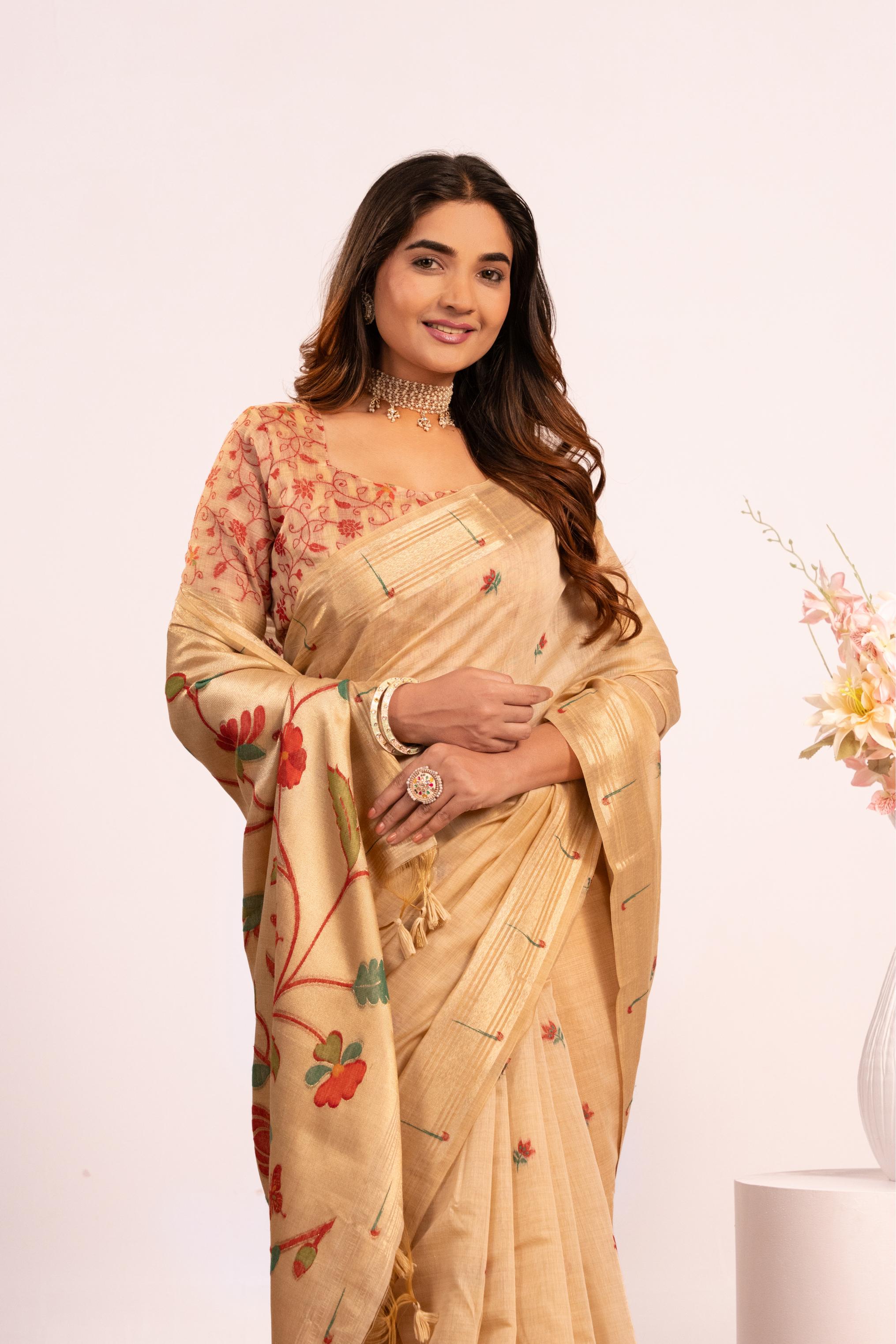 Jyoti Fashion Women's Chiku Muga Cotton Zari Woven Saree with Blouse - Dista