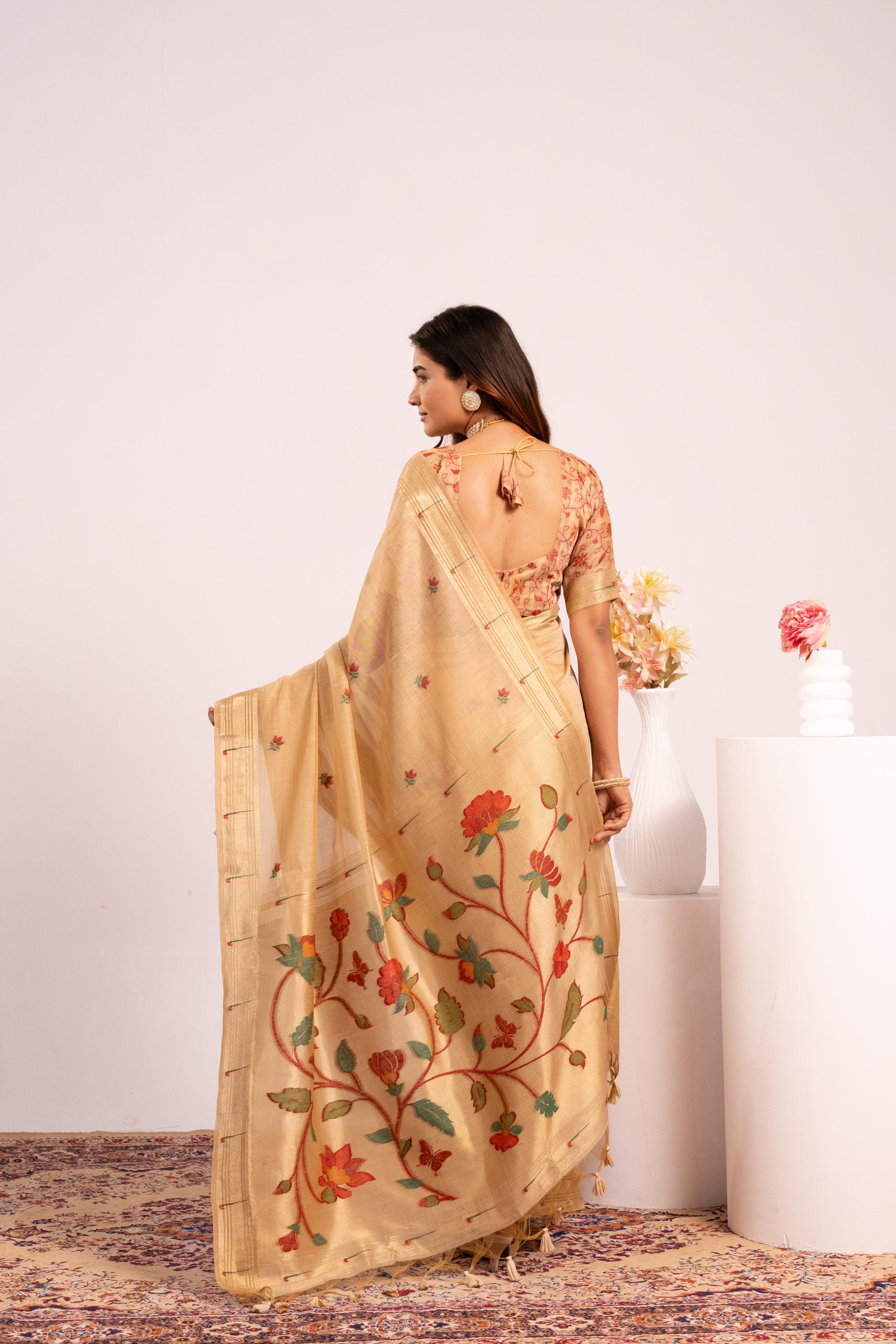 Jyoti Fashion Women's Chiku Muga Cotton Zari Woven Saree with Blouse - Dista