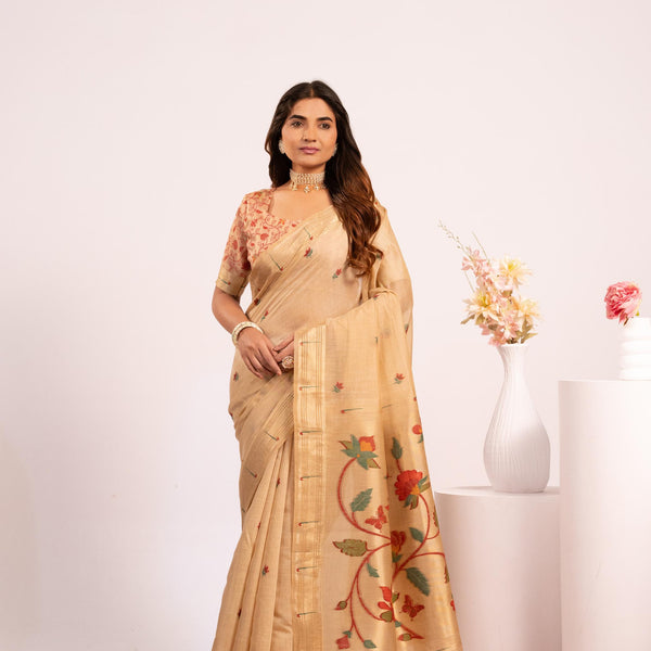 Jyoti Fashion Women's Chiku Muga Cotton Zari Woven Saree with Blouse - Dista