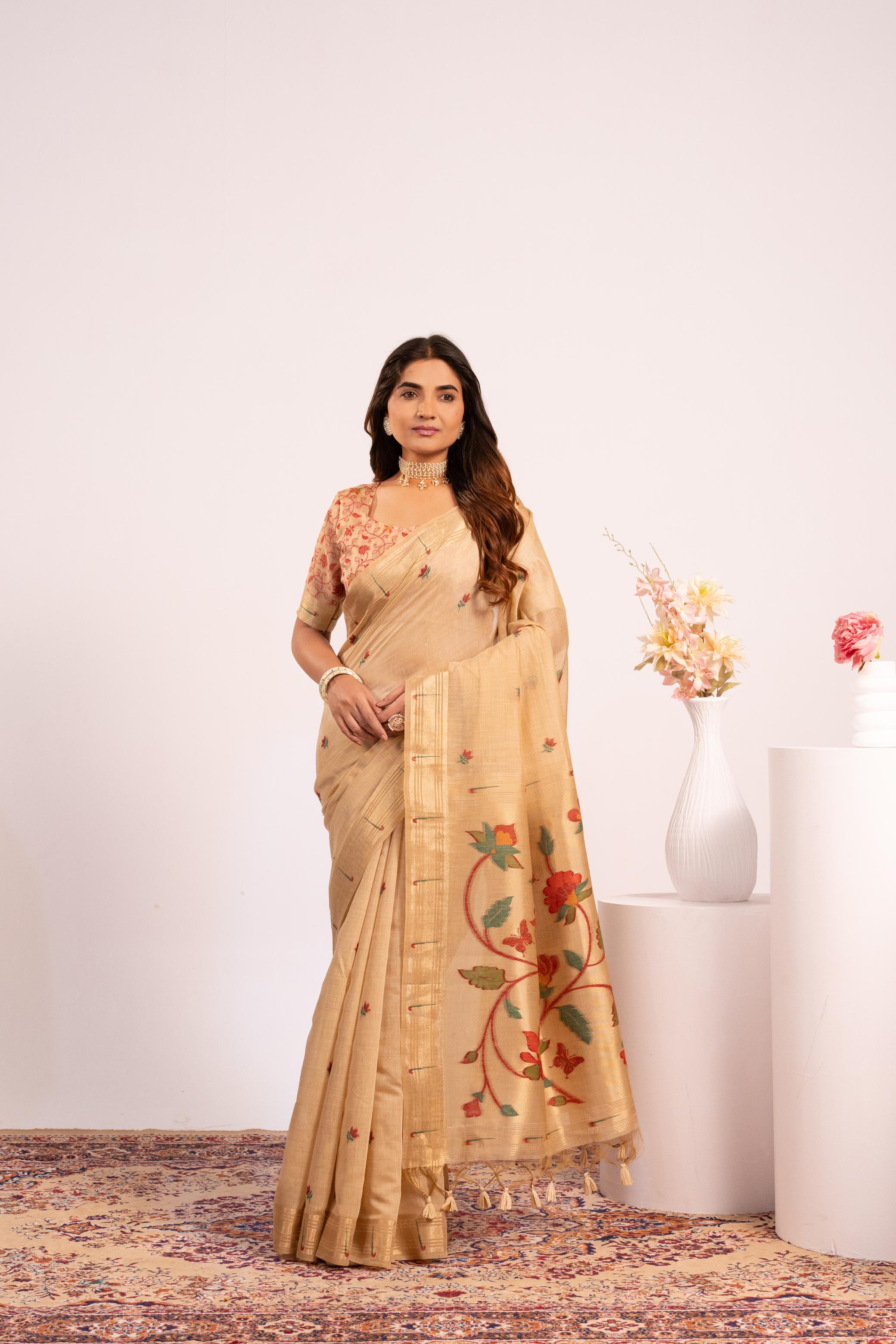 Jyoti Fashion Women's Chiku Muga Cotton Zari Woven Saree with Blouse - Dista