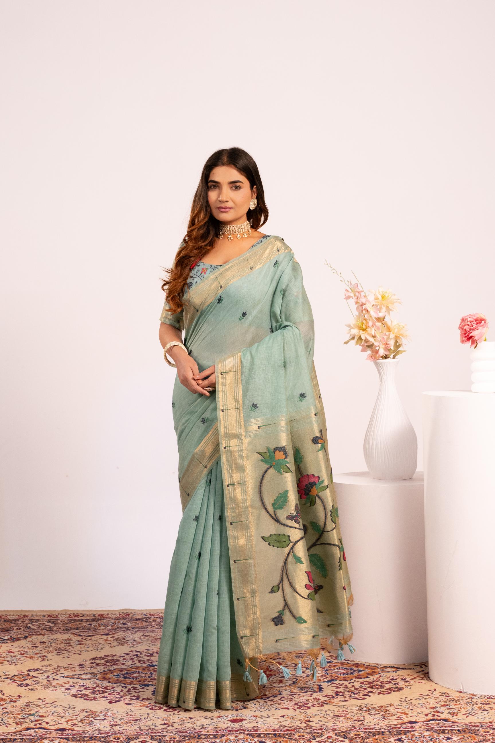 Jyoti Fashion Women's Firozi Muga Cotton Zari Woven Saree with Blouse - Dista