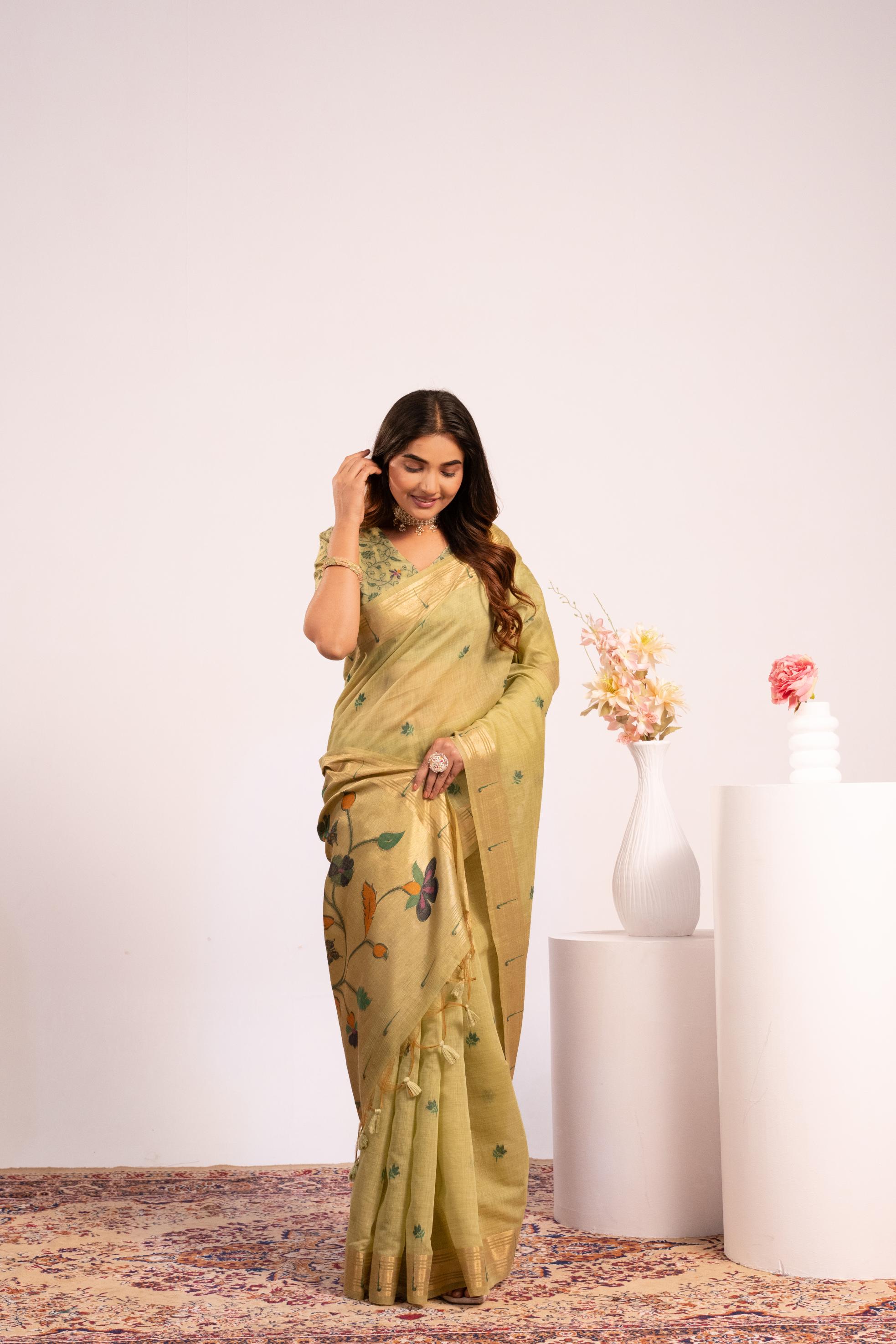 Jyoti Fashion Women's Pista Muga Cotton Zari Woven Saree with Blouse - Dista