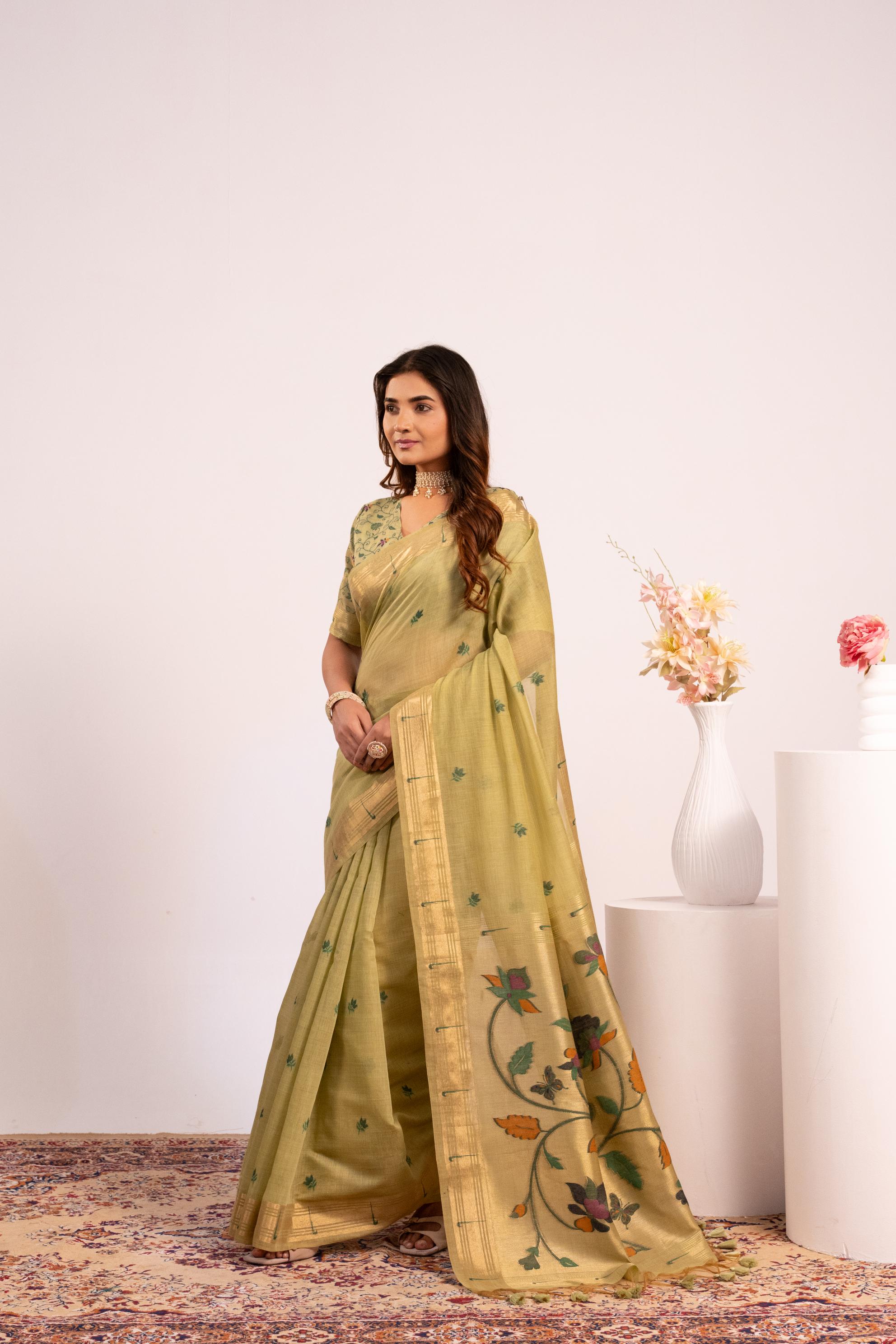 Jyoti Fashion Women's Pista Muga Cotton Zari Woven Saree with Blouse - Dista