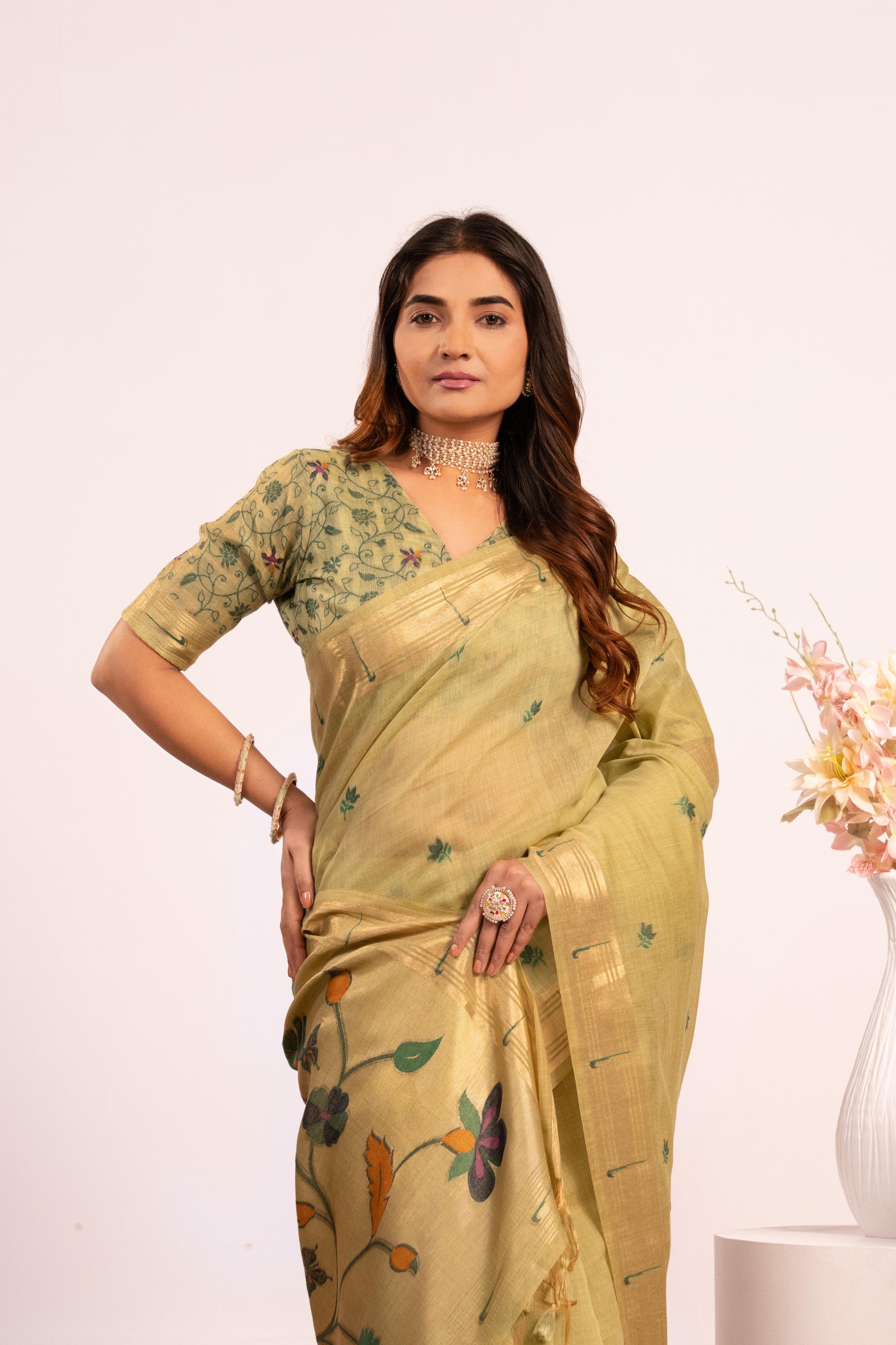 Jyoti Fashion Women's Pista Muga Cotton Zari Woven Saree with Blouse - Dista
