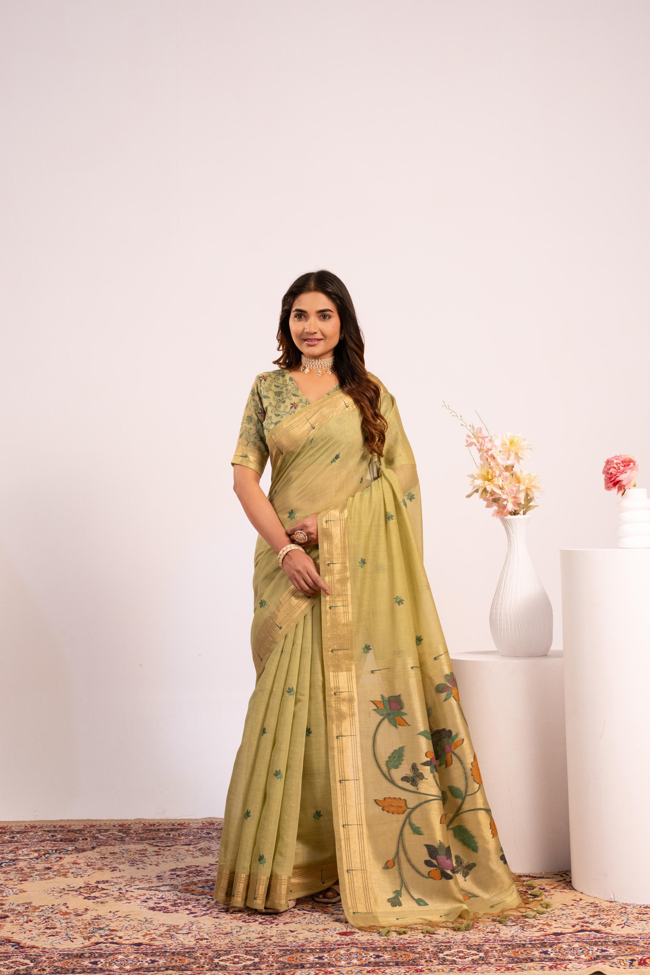 Jyoti Fashion Women's Pista Muga Cotton Zari Woven Saree with Blouse - Dista