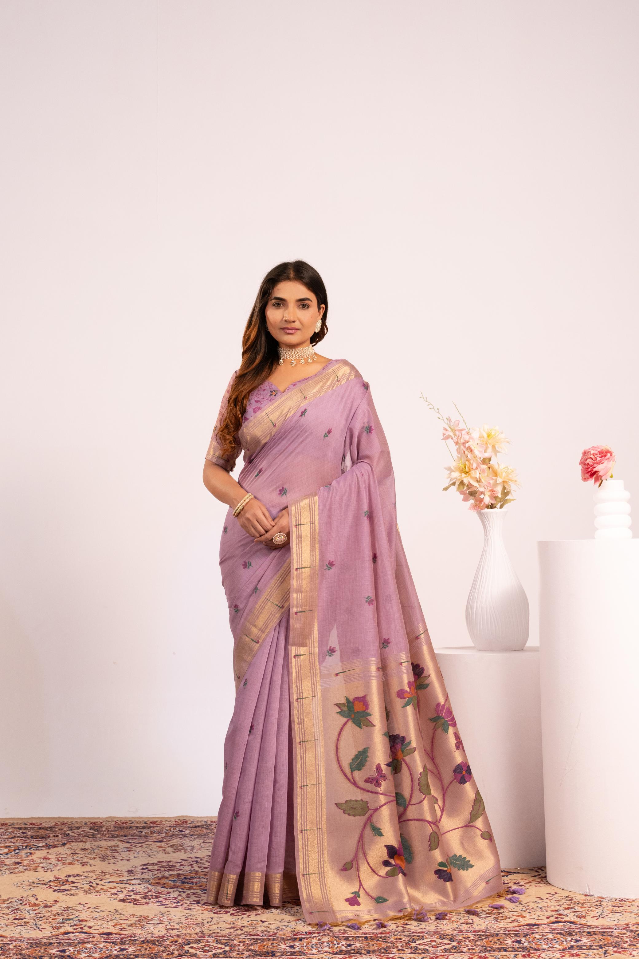 Jyoti Fashion Women's Purple Muga Cotton Zari Woven Saree with Blouse - Dista