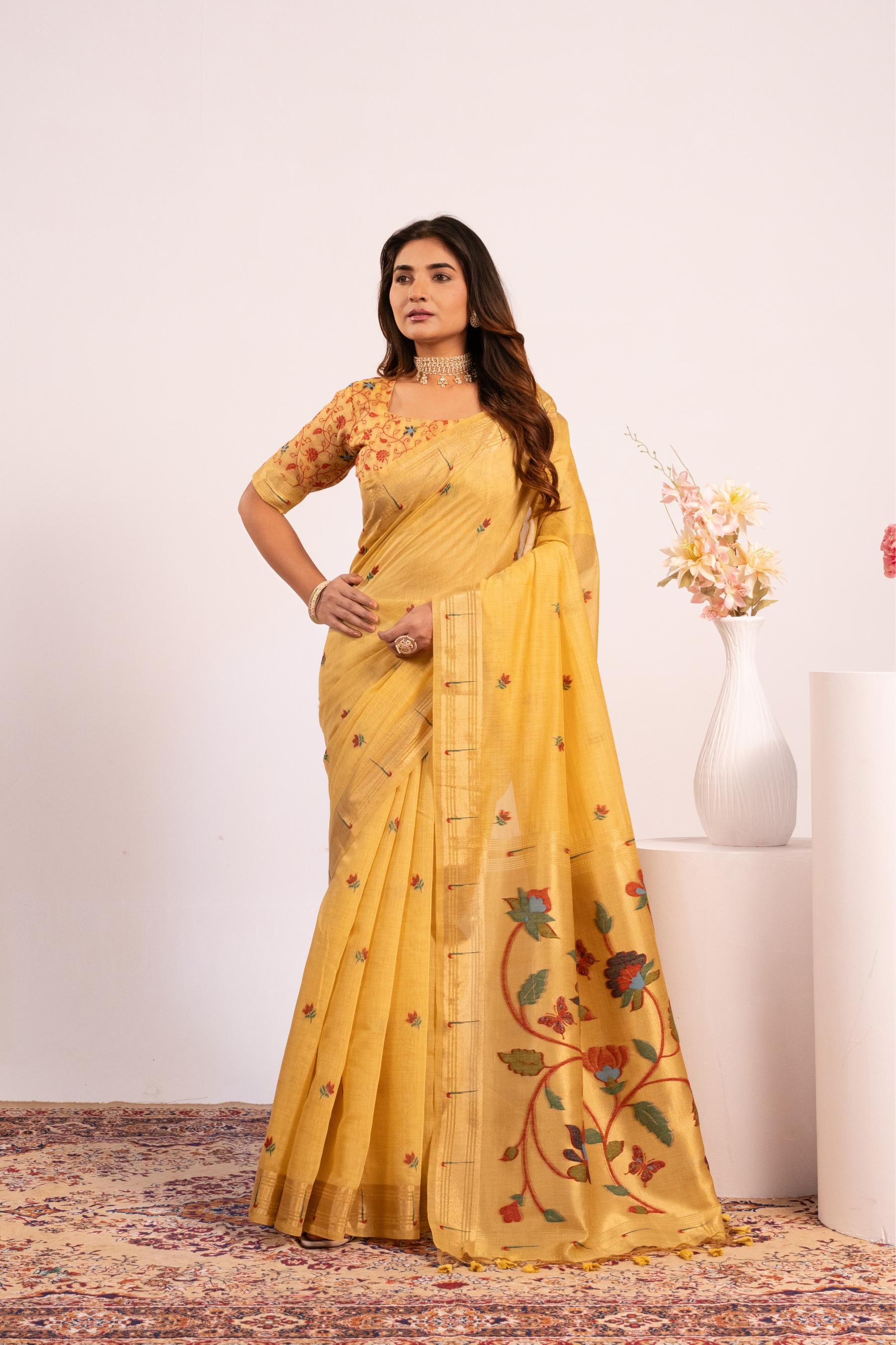 Jyoti Fashion Women's Yellow Muga Cotton Zari Woven Saree with Blouse - Dista