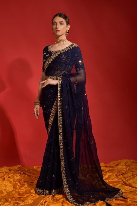 Jyoti Fashion Women's Navy Blue Sequence Coding Embroidery Georgette Saree with Blouse - Distacart