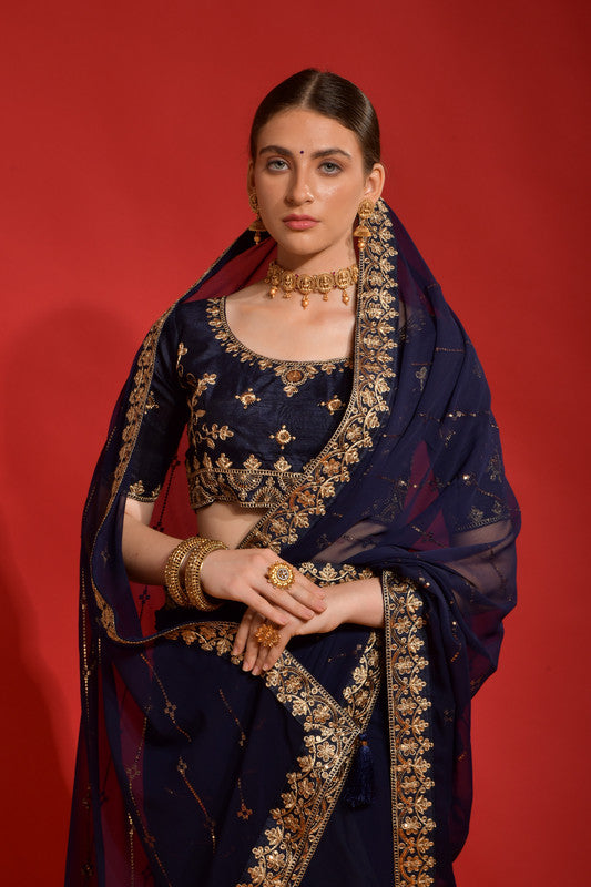 Jyoti Fashion Women's Navy Blue Sequence Coding Embroidery Georgette Saree with Blouse - Distacart