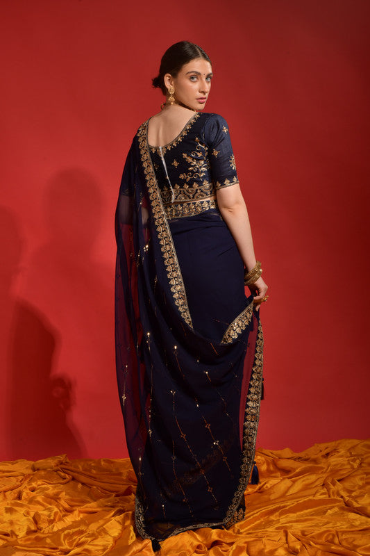 Jyoti Fashion Women's Navy Blue Sequence Coding Embroidery Georgette Saree with Blouse - Distacart
