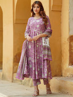 Thumbnail for Jyoti Fashion Lavender Rayon Printed Designer Kurta Set With Dupatta - Distacart