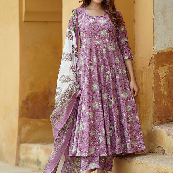 Jyoti Fashion Lavender Rayon Printed Designer Kurta Set With Dupatta - Distacart