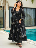 Thumbnail for Jyoti Fashion Black Rayon Printed Designer Kurta Set With Dupatta - Distacart