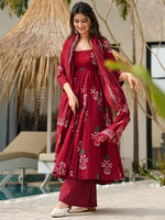 Thumbnail for Jyoti Fashion Maroon Rayon Printed Designer Kurta Set With Dupatta - Distacart