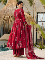 Thumbnail for Jyoti Fashion Maroon Rayon Printed Designer Kurta Set With Dupatta - Distacart