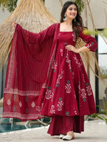 Thumbnail for Jyoti Fashion Maroon Rayon Printed Designer Kurta Set With Dupatta - Distacart