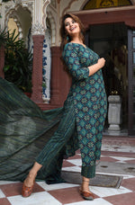 Thumbnail for Jyoti Fashion Bottle Green Rayon Printed Designer Kurta Set With Dupatta - Distacart