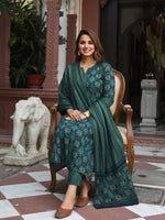 Thumbnail for Jyoti Fashion Bottle Green Rayon Printed Designer Kurta Set With Dupatta - Distacart