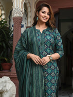 Thumbnail for Jyoti Fashion Bottle Green Rayon Printed Designer Kurta Set With Dupatta - Distacart