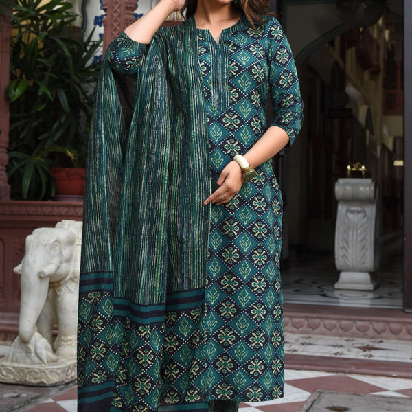 Jyoti Fashion Bottle Green Rayon Printed Designer Kurta Set With Dupatta - Distacart