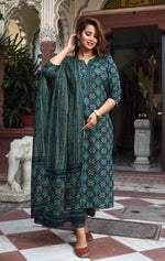Thumbnail for Jyoti Fashion Bottle Green Rayon Printed Designer Kurta Set With Dupatta - Distacart