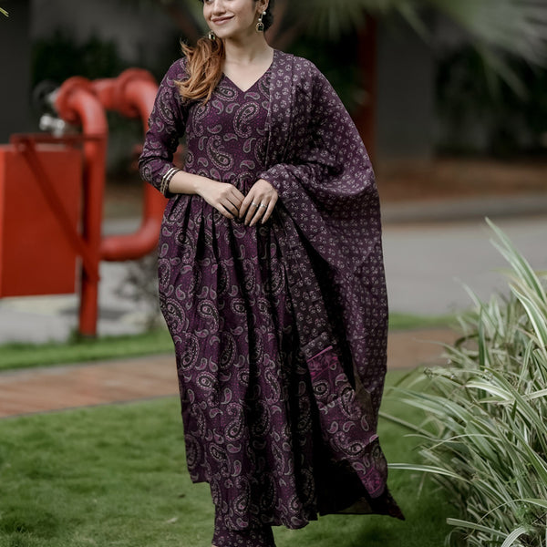 Jyoti Fashion Wine Rayon Printed Designer Kurta Set With Dupatta - Distacart