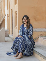 Thumbnail for Jyoti Fashion Navy Blue Rayon Printed Designer Kurta Set With Dupatta - Distacart
