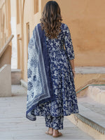 Thumbnail for Jyoti Fashion Navy Blue Rayon Printed Designer Kurta Set With Dupatta - Distacart