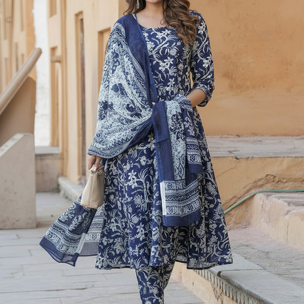 Jyoti Fashion Navy Blue Rayon Printed Designer Kurta Set With Dupatta - Distacart