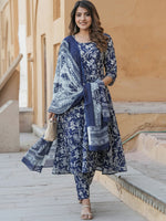 Thumbnail for Jyoti Fashion Navy Blue Rayon Printed Designer Kurta Set With Dupatta - Distacart