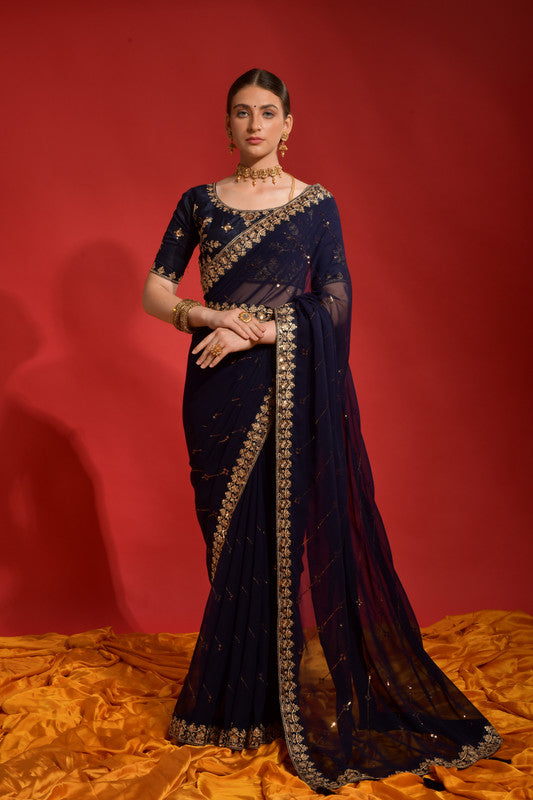 Jyoti Fashion Women's Navy Blue Sequence Coding Embroidery Georgette Saree with Blouse - Distacart