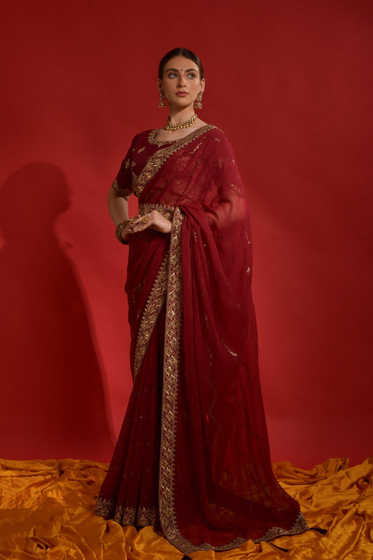 Jyoti Fashion Women's Maroon Sequence Coding Embroidery Georgette Saree with Blouse - Distacart