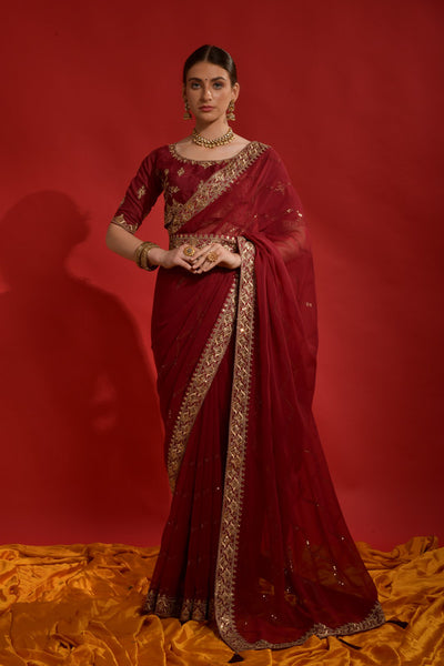 Jyoti Fashion Women's Maroon Sequence Coding Embroidery Georgette Saree with Blouse - Distacart