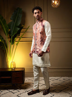 Thumbnail for Jyoti Fashion Men's Peach Slub Silk Jacquard 3D Weaving Kurta Set with Koti - Distacart