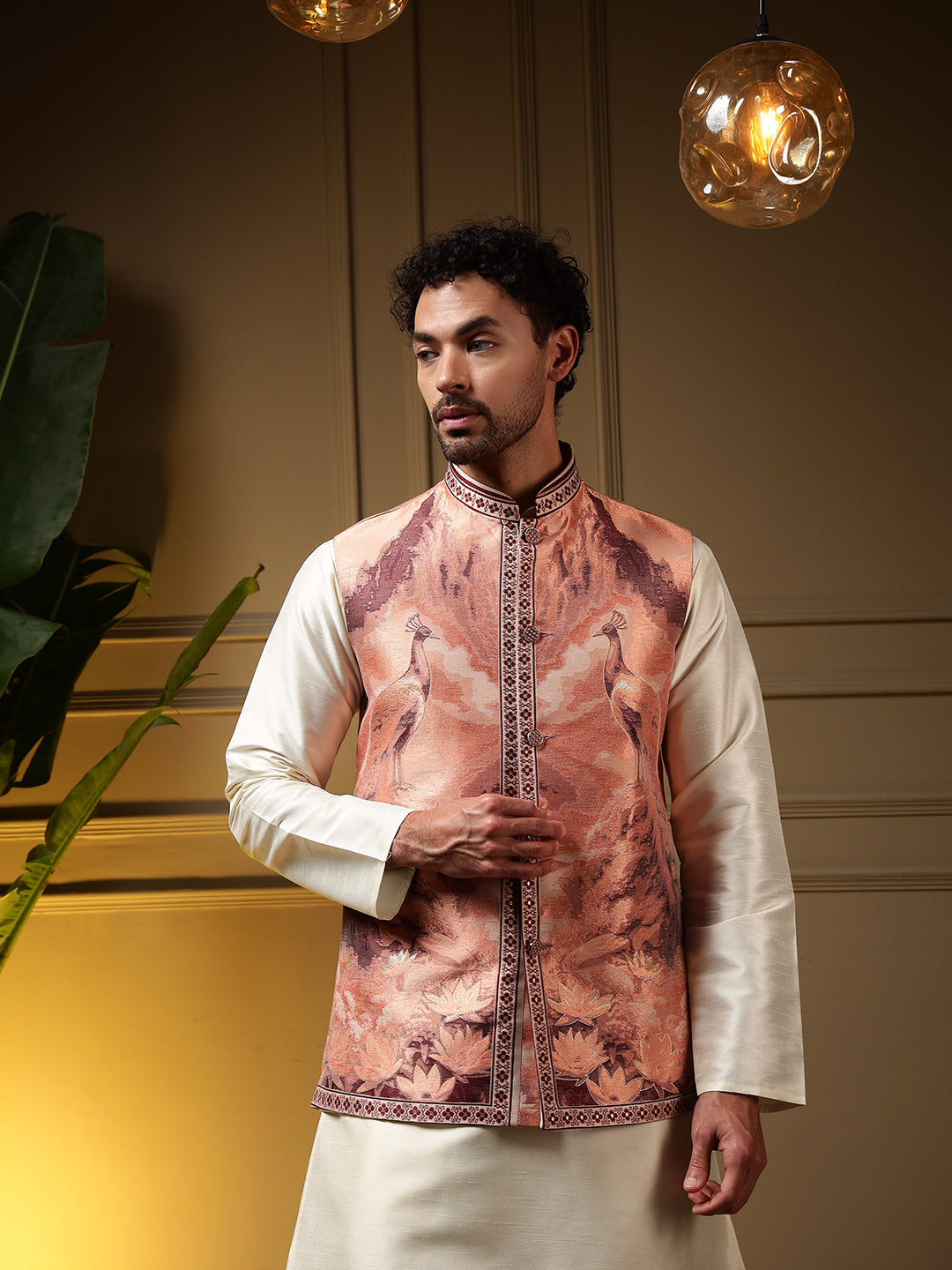 Jyoti Fashion Men's Peach Slub Silk Jacquard 3D Weaving Kurta Set with Koti - Distacart