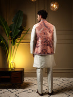 Thumbnail for Jyoti Fashion Men's Peach Slub Silk Jacquard 3D Weaving Kurta Set with Koti - Distacart