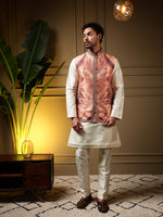 Thumbnail for Jyoti Fashion Men's Peach Slub Silk Jacquard 3D Weaving Kurta Set with Koti - Distacart