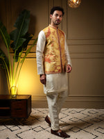 Thumbnail for Jyoti Fashion Men's Yellow Slub Silk Jacquard 3D Weaving Kurta Set with Koti - Distacart