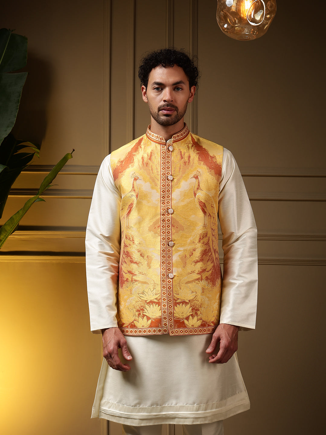 Jyoti Fashion Men's Yellow Slub Silk Jacquard 3D Weaving Kurta Set with Koti - Distacart