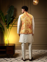 Thumbnail for Jyoti Fashion Men's Yellow Slub Silk Jacquard 3D Weaving Kurta Set with Koti - Distacart