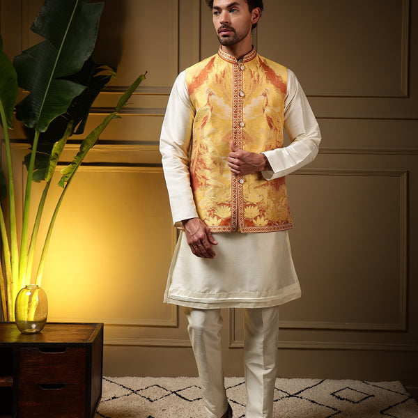 Jyoti Fashion Men's Yellow Slub Silk Jacquard 3D Weaving Kurta Set with Koti - Distacart