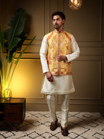 Thumbnail for Jyoti Fashion Men's Yellow Slub Silk Jacquard 3D Weaving Kurta Set with Koti - Distacart
