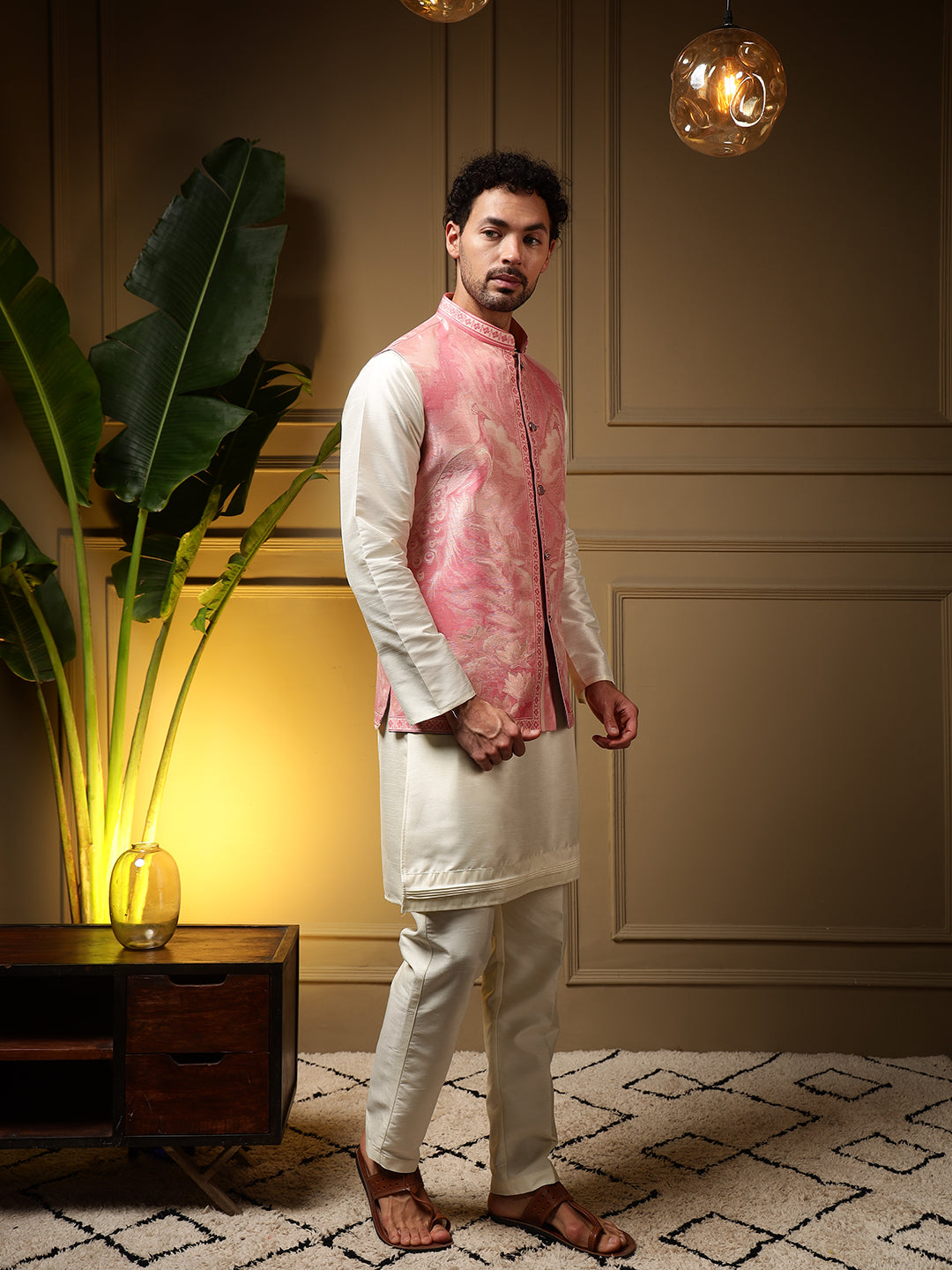 Jyoti Fashion Men's Pink Slub Silk Jacquard 3D Weaving Kurta Set with Koti - Distacart