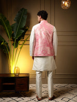 Thumbnail for Jyoti Fashion Men's Pink Slub Silk Jacquard 3D Weaving Kurta Set with Koti - Distacart