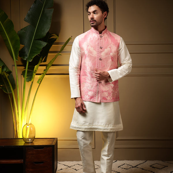 Jyoti Fashion Men's Pink Slub Silk Jacquard 3D Weaving Kurta Set with Koti - Distacart