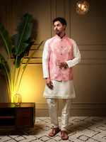 Thumbnail for Jyoti Fashion Men's Pink Slub Silk Jacquard 3D Weaving Kurta Set with Koti - Distacart